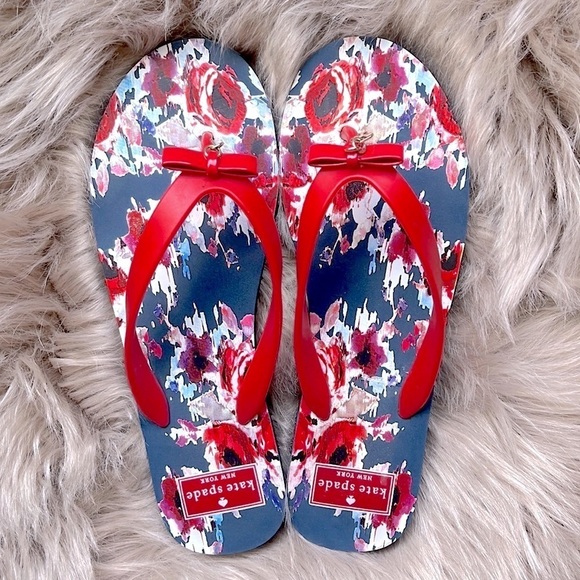 kate spade Shoes - Kate Spade Charm Fairytale Red Multi Blurry Floral Print Bow Flip Flops
